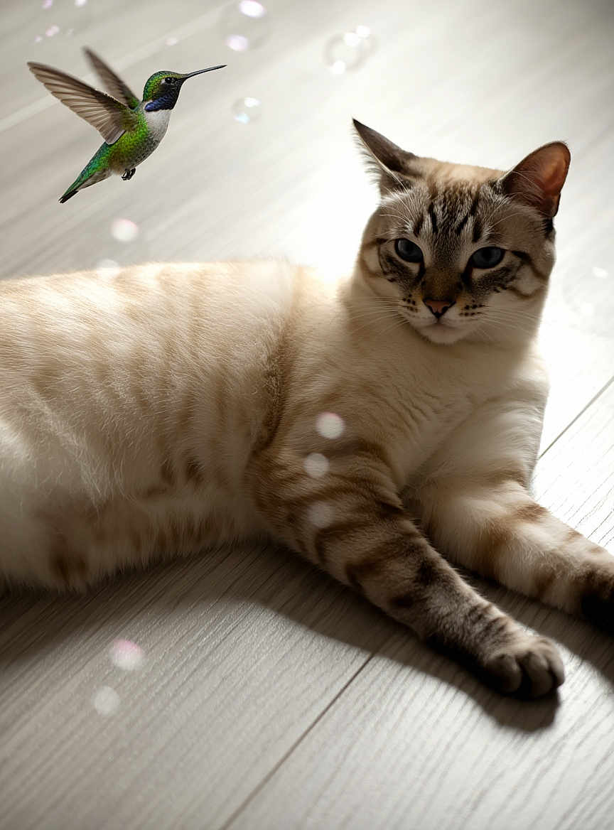 Hazy joined the competition — help win amazing prizes! cat, hummingbird, animal, pet, feline, bird, indoor, floor, striped, relaxed, sunlight, wooden_floor, wildlife, nature, closeup, mammal, avian, fluffy, hovering, companion