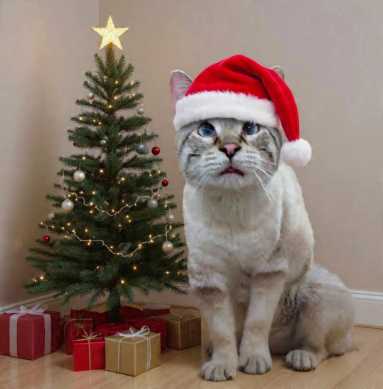Hazy joined the competition — help win amazing prizes! cat, santa_hat, christmas_tree, christmas_lights, presents, holiday, indoor, decorations, festive, pet, animal, floor, wall, ornaments, red, green, white, celebration, seasonal, cozy