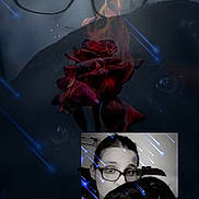 Becca joined the competition — help win amazing prizes! animal, artistic, black_and_white, black_dog, blue_light_streaks, closeup, dark_background, dog, double_exposure, emotion, eyewear, face, fire, flower, glasses, person, pet, portrait, rose, surreal