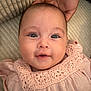 baby, child, closeup, cute, eyes, fabric, face, hand, head, indoor, infant, lace, pink_clothing, portrait, resting, skin, smile, support, texture, young