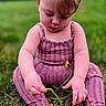 baby, barefoot, child, closeup, curly_hair, cute, dandelion, daylight, flower, grass, greenery, innocence, nature, outdoor, playful, portrait, purple_outfit, sitting, summer, toddler
