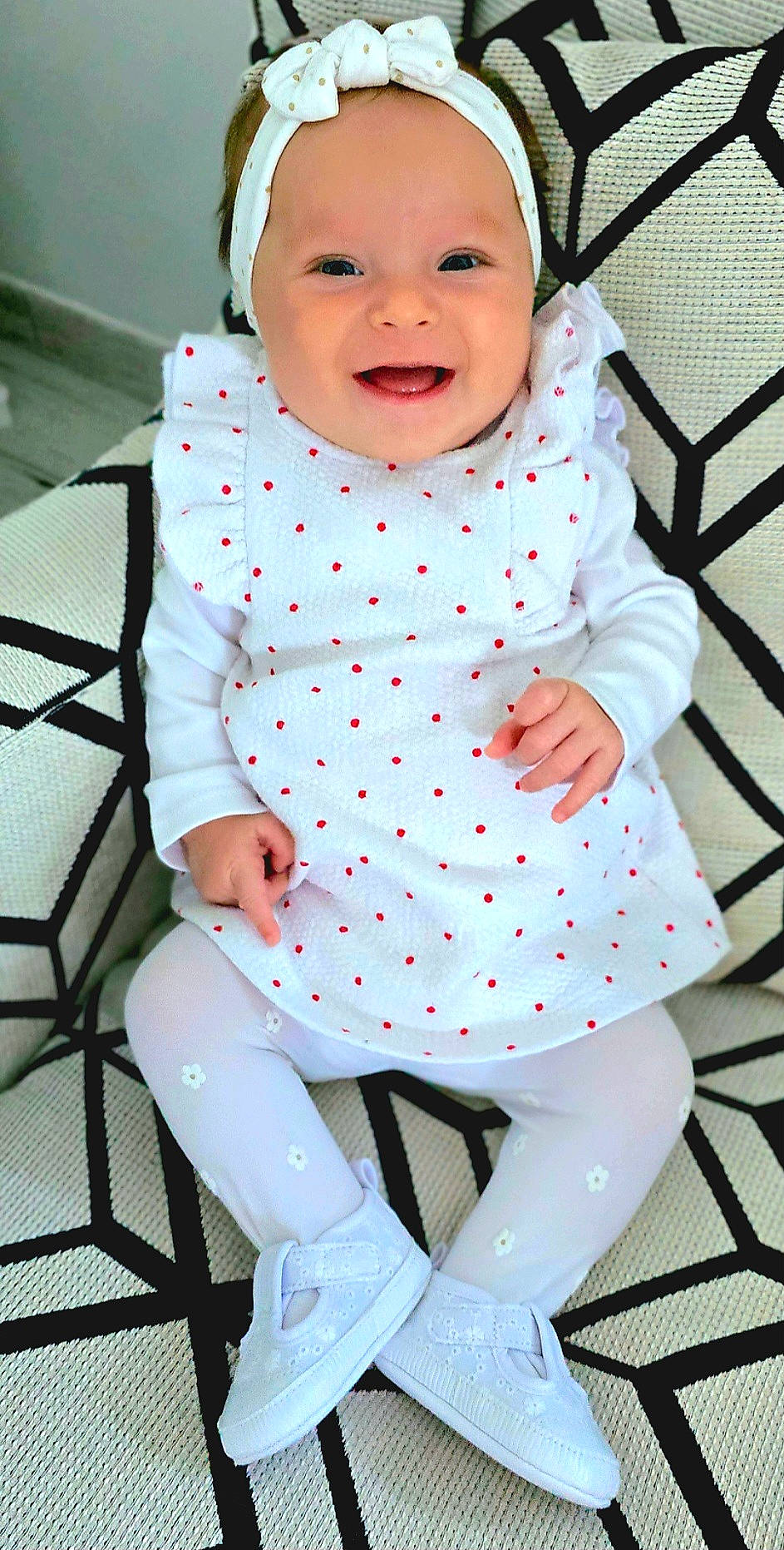 Lila participe au concours pour gagner de l'argent avec cette photo : baby, baby_products, baby_safety, baby_toddler_clothing, child, dress, happy, headwear, human_leg, joy, knee, outerwear, pattern, person, pink, polka_dot, sitting, sleeve, smile, thigh