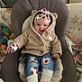 Améliane a rejoint le concours — aidez-le/la à gagner de superbes lots ! baby, baby_seat, bear_hood, blanket, booties, clothing, cute, face, fuzzy_jacket, hands, happy, headband, indoor, infant, jeans, ladybug, portrait, smiling, toy, warm