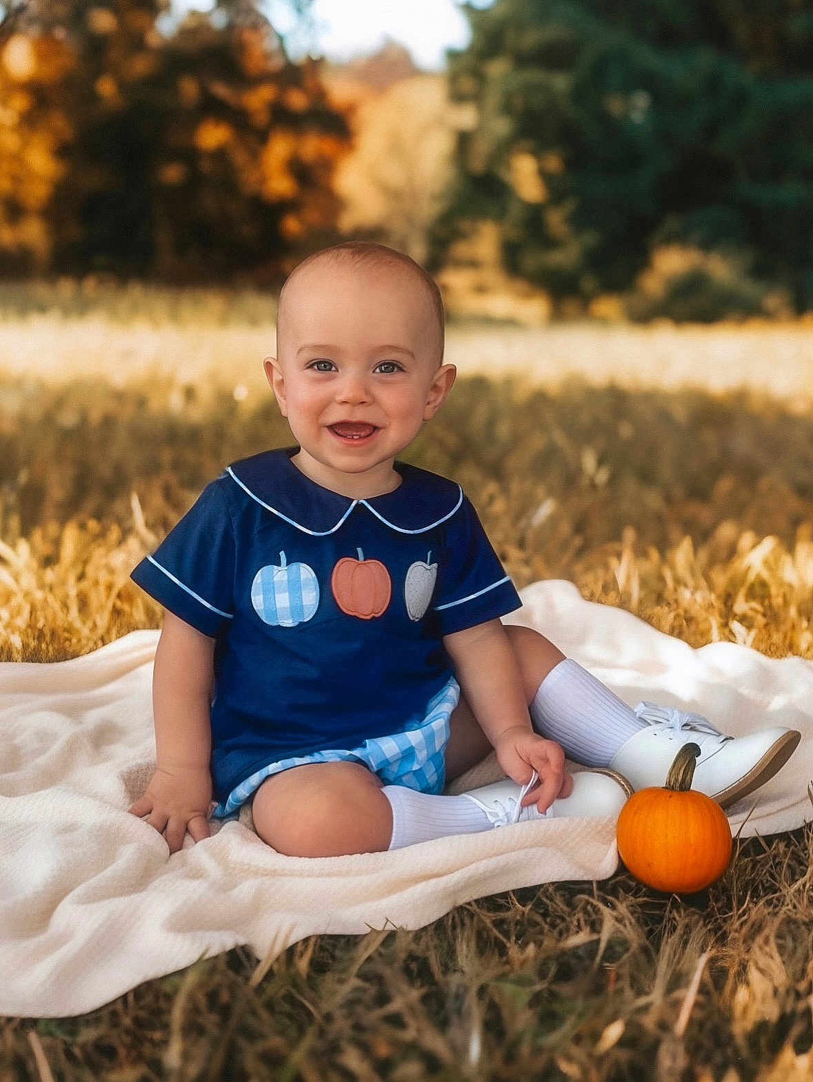John is registered to the contest to win money with this photo: baby, child, smiling, outdoor, field, blanket, pumpkin, autumn, grass, blue_clothing, white_shoes, white_socks, cute, nature, fall_colors, happy, sitting, portrait, person, seasonal