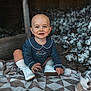 John is registered to the contest to win money with this photo: baby, child, smile, blue_eyes, sitting, blanket, white_shoes, navy_outfit, cotton, wooden_background, indoor, portrait, cute, happy, infant, clothing, floor, person, face, young_child