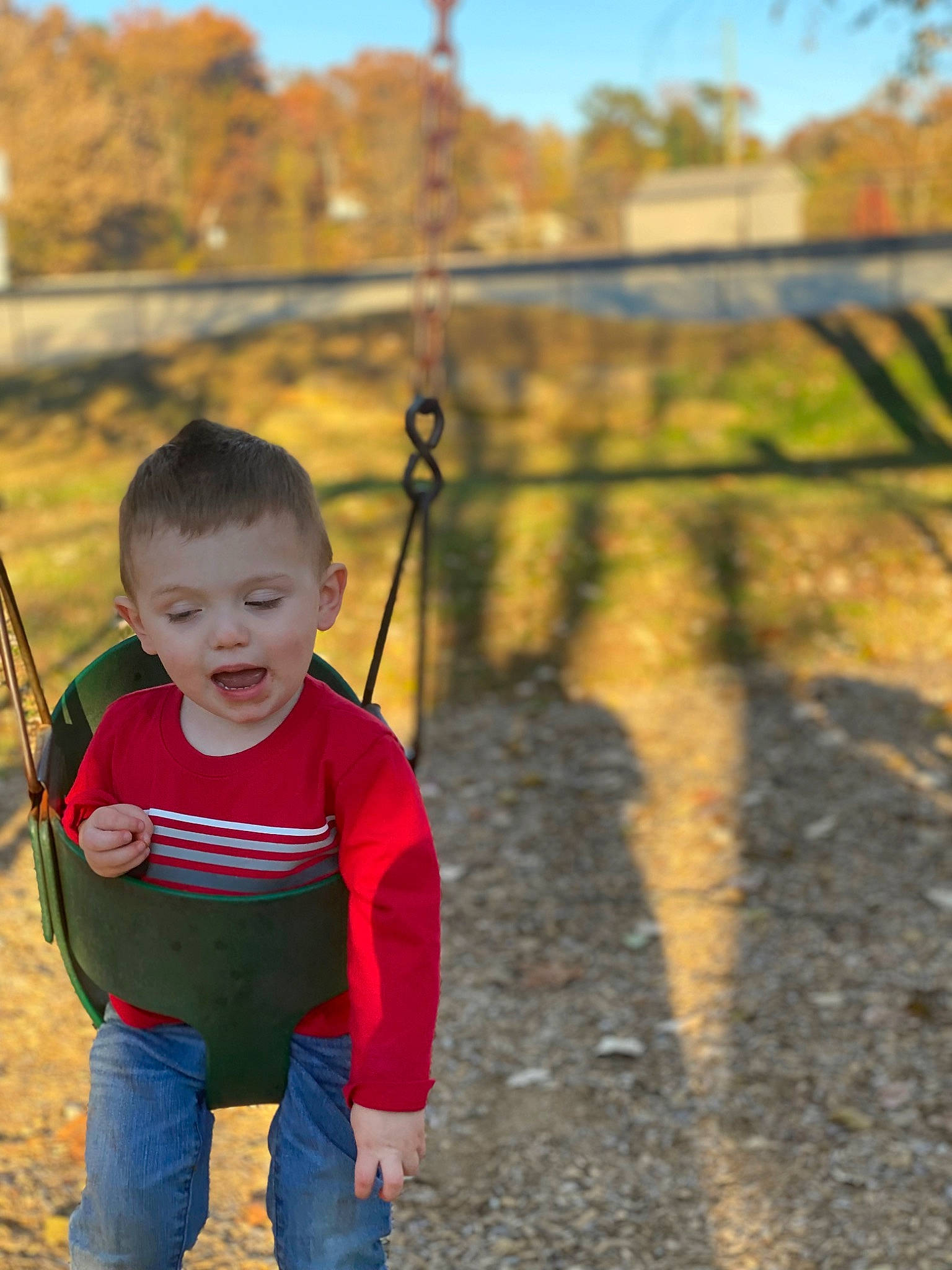 Jaxson is registered to the contest to win money with this photo: baby, baby_toddler_clothing, city, fence, grass, happy, jeans, leisure, people_in_nature, person, plant, recreation, sky, sleeve, smile, soil, swing, tints_and_shades, toddler, tree