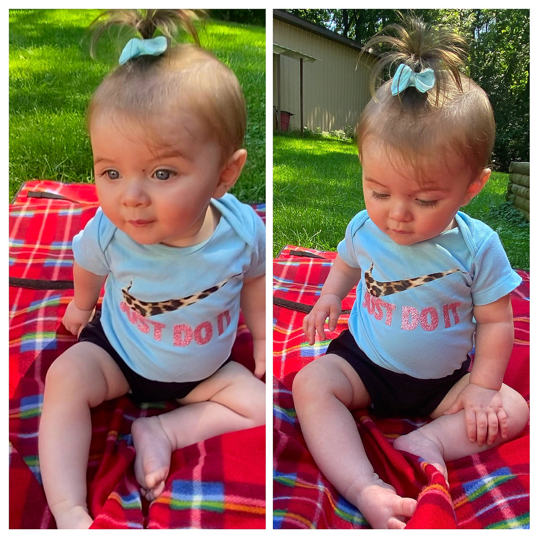 Kylee joined the competition — help win amazing prizes! baby, baby_toddler_clothing, cheek, child, cool, fun, grass, happy, leisure, pattern, person, pink, plant, sharing, shorts, sitting, skin, sleeve, t_shirt, thigh