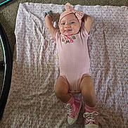 𝕃𝕠𝕣𝕖𝕟𝕖 joined the competition — help win amazing prizes! baby, infant, blanket, pink_clothing, headband, bow, smile, shoes, sparkly, pattern, carpet, floor, cute, happy, lying_down, child, indoors, toddler, person, apparel