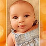 adorable, baby, butterflies, child, closeup, cute, denim, dress, eyes, face, frame, happy, infant, orange, portrait, skin, smile, soft_texture, tongue, young
