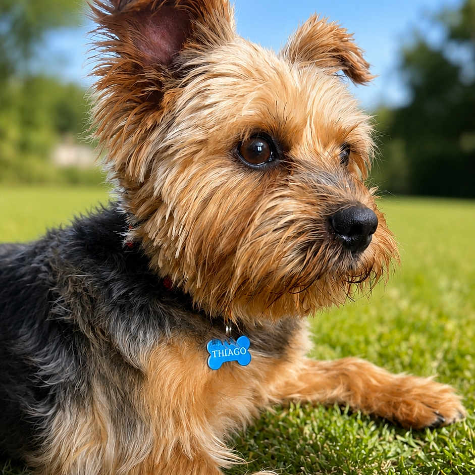 Thiago a rejoint le concours — aidez-le/la à gagner de superbes lots ! dog, pet, grass, outdoor, sky, blue_sky, fur, collar, name_tag, animal, canine, small_dog, lying_down, sunny, nature, portrait, alert, ears, brown_fur, black_fur