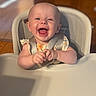 Tilly joined the competition — help win amazing prizes! baby, high_chair, smiling, indoor, child, infant, happy, person, furniture, wood_floor, clothing, straps, seat, portrait, face, hands, digital_clock, lock_screen, phone_overlay, time