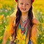 beauty, child, colorful, dress, field, flower_crown, flowers, grass, greenery, happy, innocence, long_hair, nature, outdoor, person, portrait, smiling, summer, sunlight, young
