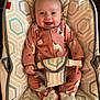 baby, infant, smiling, onesie, unicorn, baby_rocker, seat, happy, cute, child, footed_pajamas, patterned, indoor, person, face, clothing, soft, comfort, joy, small