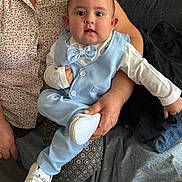 Jesse is registered to the contest to win money with this photo: adult, baby, blue_clothing, bow_tie, caregiver, child, couch, fabric, family, footwear, home, indoor, infant, lap, portrait, sitting, smiling, sneakers, vest, white_shirt