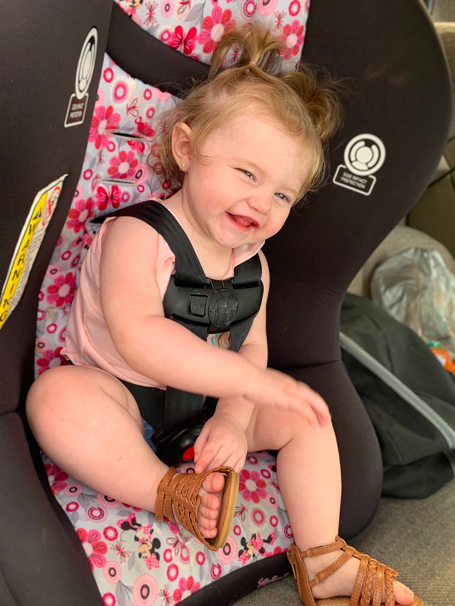 Adalynn Grace joined the competition — help win amazing prizes! arm, baby, baby_carriage, baby_in_car_seat, baby_products, car_seat, child, child_model, design, leg, pattern, person, pink, product, sitting, skin, smile, toddler