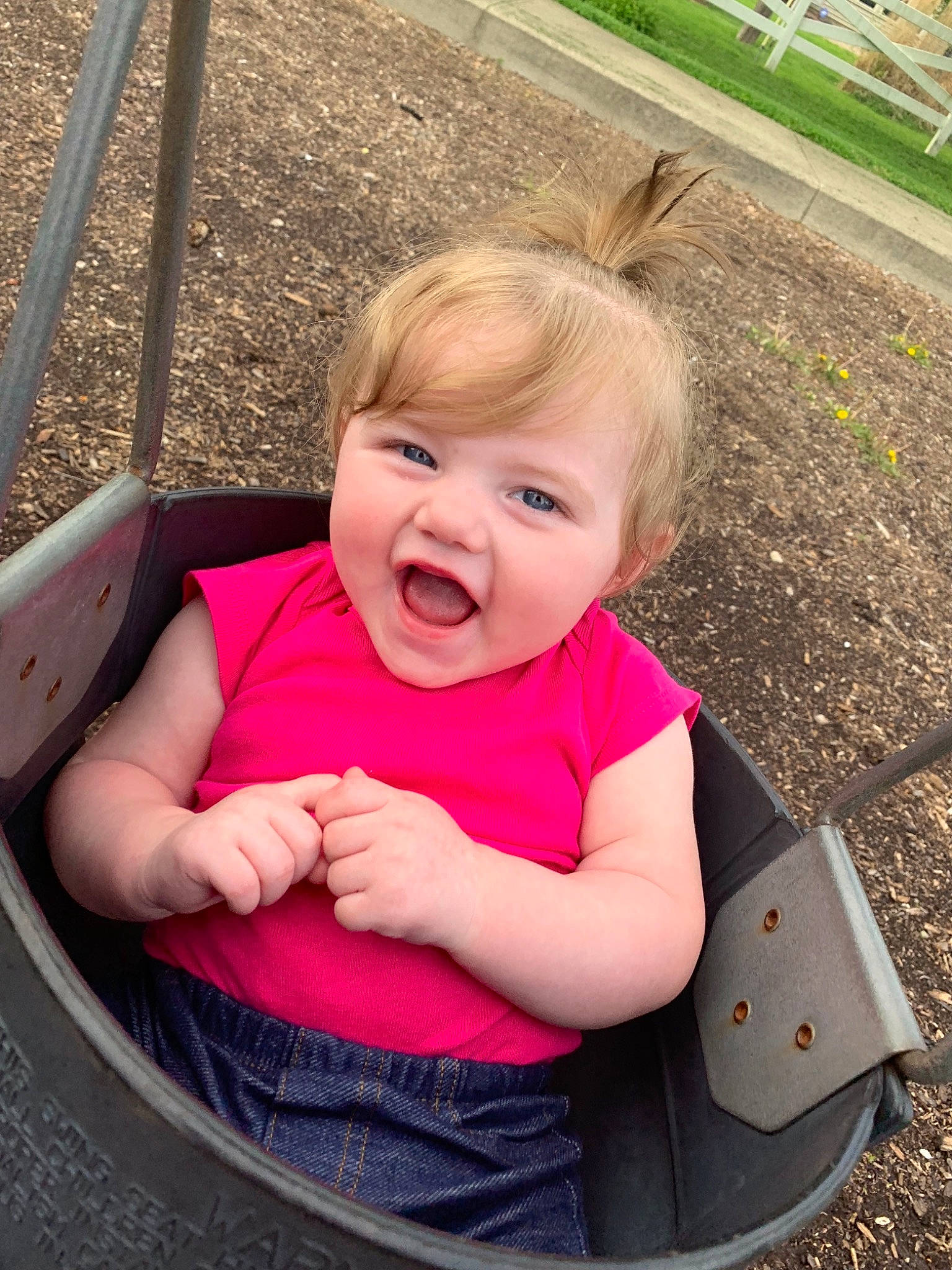Adalynn Grace joined the competition — help win amazing prizes! baby, baby_products, blond, child, eye, face, fun, grass, nose, outdoor_play_equipment, person, pink, play, playground, product, public_space, skin, smile, summer, swing
