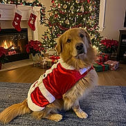 Finn is registered to the contest to win money with this photo: carpet, christmas_lights, christmas_tree, cute, dog, festive, fireplace, gift_box, golden_retriever, holiday_decor, indoors, living_room, pet, poinsettia, red_santa_suit, seasonal, stockings, warm_lighting, window, wooden_floor