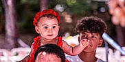 Mélia a rejoint le concours — aidez-le/la à gagner de superbes lots ! baby, child, man, teenager, red_dress, flower_headband, glasses, curly_hair, outdoor, portrait, people, smiling, shoulders, reaching_hand, background_blur, daylight, family, happy, casual_clothing, nature
