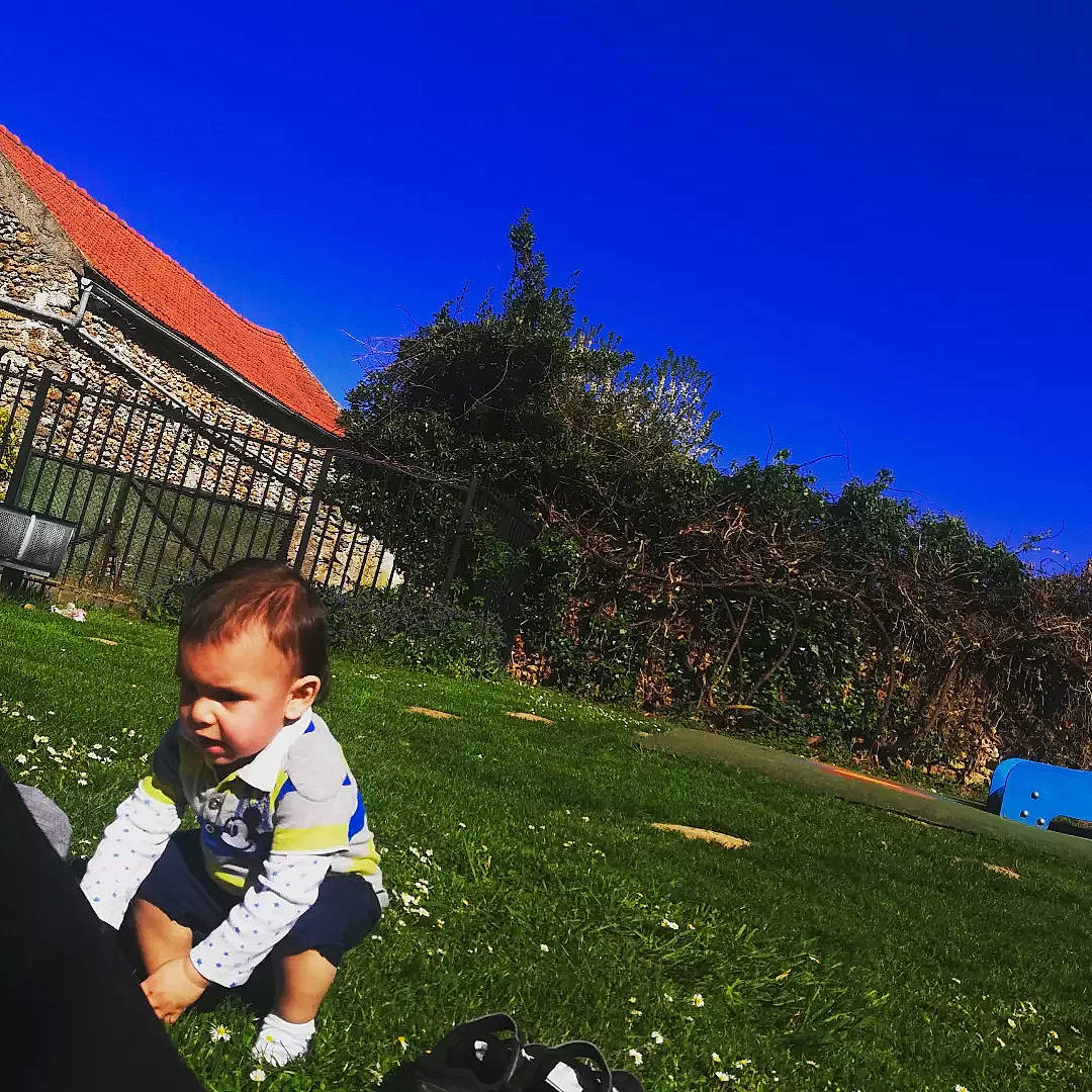 Julian a rejoint le concours — aidez-le/la à gagner de superbes lots ! baby, blue, electric_blue, grass, grassland, happy, house, landscape, lawn, leaf, leisure, mountainous_landforms, people_in_nature, person, plant, recreation, sky, slope, toddler, travel