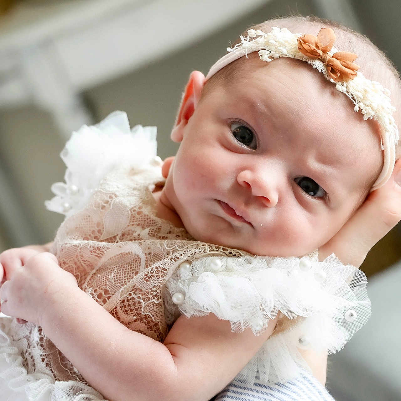 Julia participe au concours pour gagner de l'argent avec cette photo : adult, baby, child, closeup, cute, dress, expression, flower, gentle, hand, headband, indoor, infant, lace, newborn, pearl, person, portrait, soft_lighting, tulle