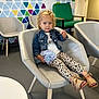 Isabelle joined the competition — help win amazing prizes! child, toddler, curly_hair, denim_jacket, animal_print_leggings, pom_pom, pointing, chair, modern_interior, geometric_wall_art, indoor, footwear, sandals, playful, expression, furniture, floor, table, waiting_room, casual_clothing