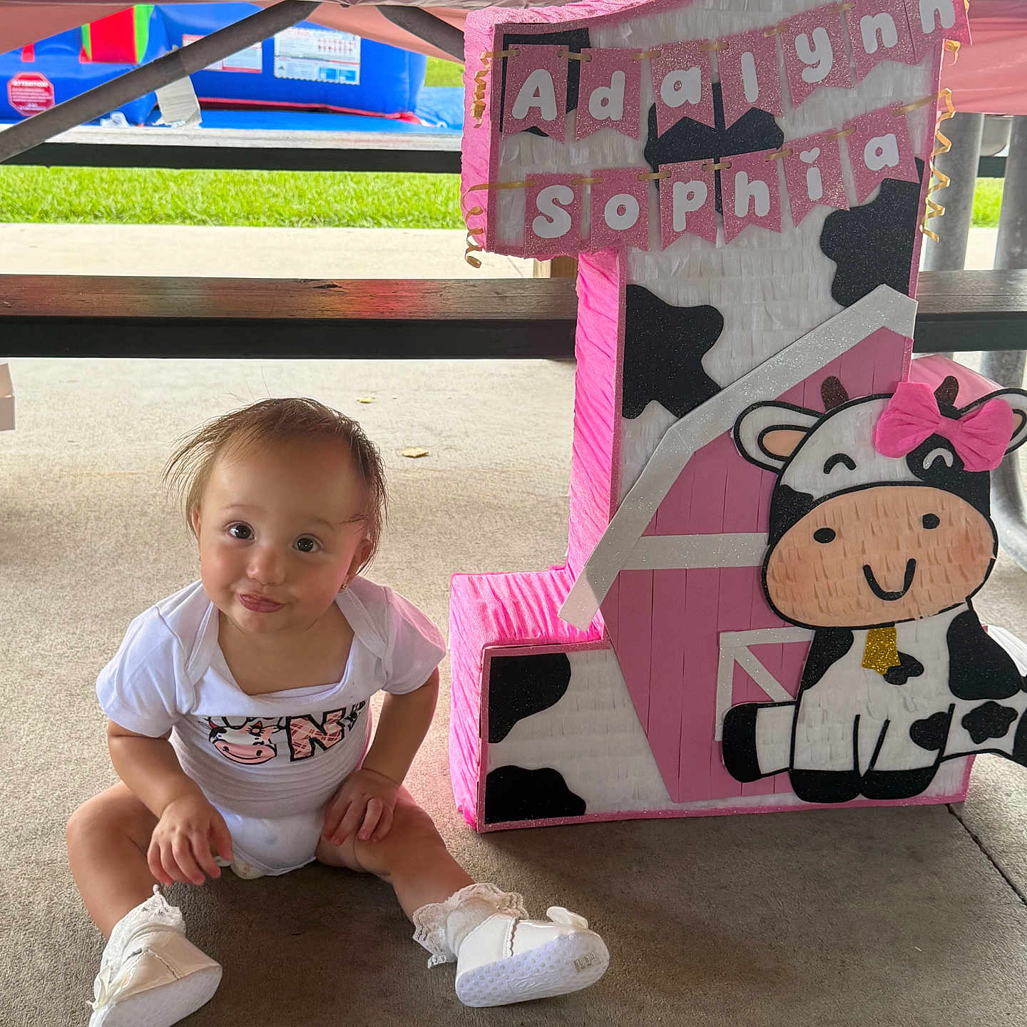 Adalynn joined the competition — help win amazing prizes! baby, child, infant, birthday, party, number_one, decoration, pink, cow, cute, outdoor, concrete_floor, table, sitting, shoes, white_clothing, celebration, banner, grass, playground