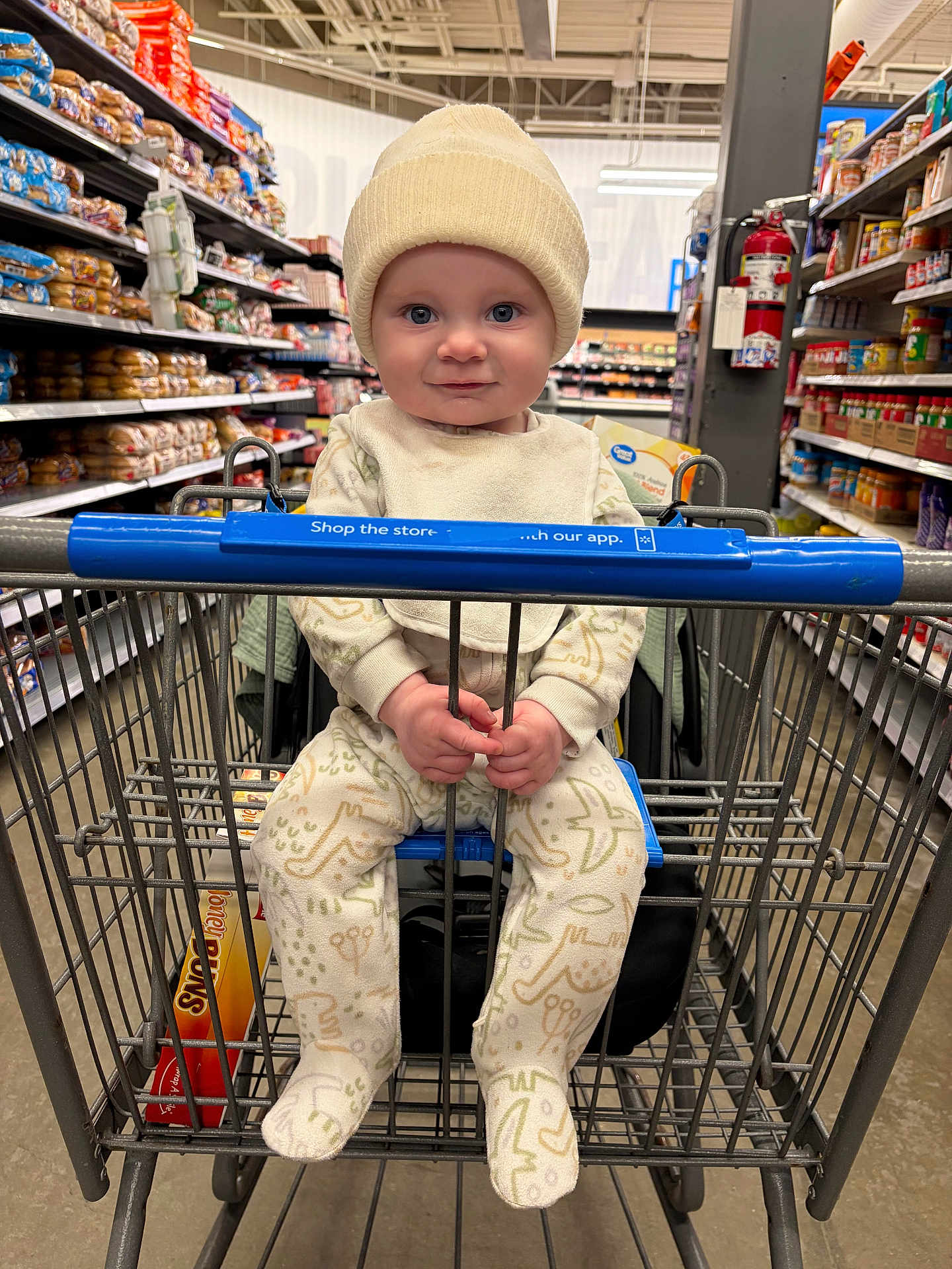 Colsen is registered to the contest to win money with this photo: baby, child, shopping_cart, grocery_store, aisle, shelf, food_packages, clothing, hat, pajamas, person, indoor, floor, metal, hand, face, smile, seat, shopping, supermarket