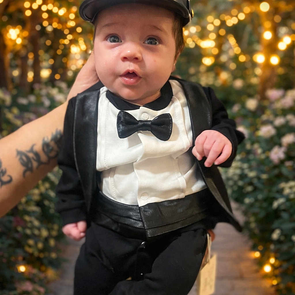 Alessyo a rejoint le concours — aidez-le/la à gagner de superbes lots ! baby, bokeh, bow_tie, celebration, child, close_up, cute, evening, floral_path, flowers, formal_wear, hand, infant, portrait, string_lights, suit, tattoo, top_hat, tuxedo, wide_eyes