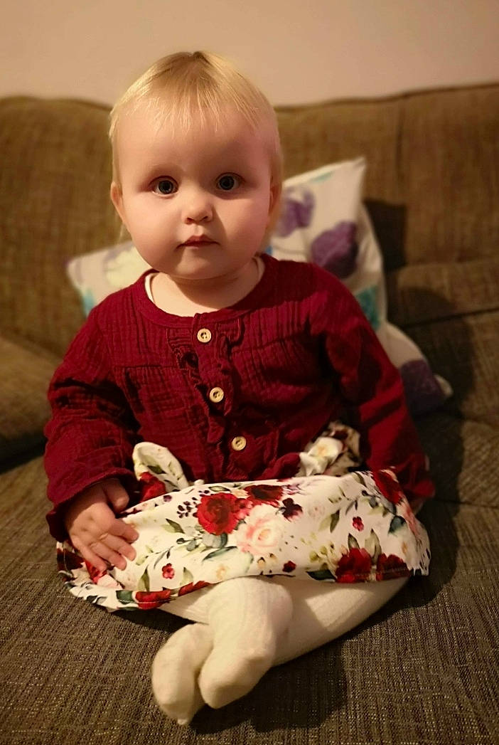 Cassie joined the competition — help win amazing prizes! baby, cheek, child, christmas, christmas_eve, holiday, person, play, sitting, sleeve, smile, toddler