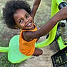 Lénaëlle participe au concours pour gagner de l'argent avec cette photo : afro_hair, arms, blurred_background, candid, child, eyes, grass, green, handlebars, happy, orange_outfit, outdoors, playground_equipment, playing, portrait, seat, skin, smiling, sunlight, teeth