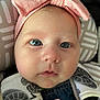 baby, baby_clothing, blanket, blue_eyes, child, closeup, comfort, cute, denim, face, headband, infant, infant_seat, leaf_print, pattern, pink_bow, portrait, soft_fabric, straps, young_child