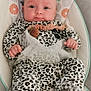 baby, infant, leopard_print, onesie, plush_toy, baby_seat, cushion, patterned_clothing, indoor, child, cute, portrait, resting, soft_toy, comfort, young, person, infancy, small_hands, curious