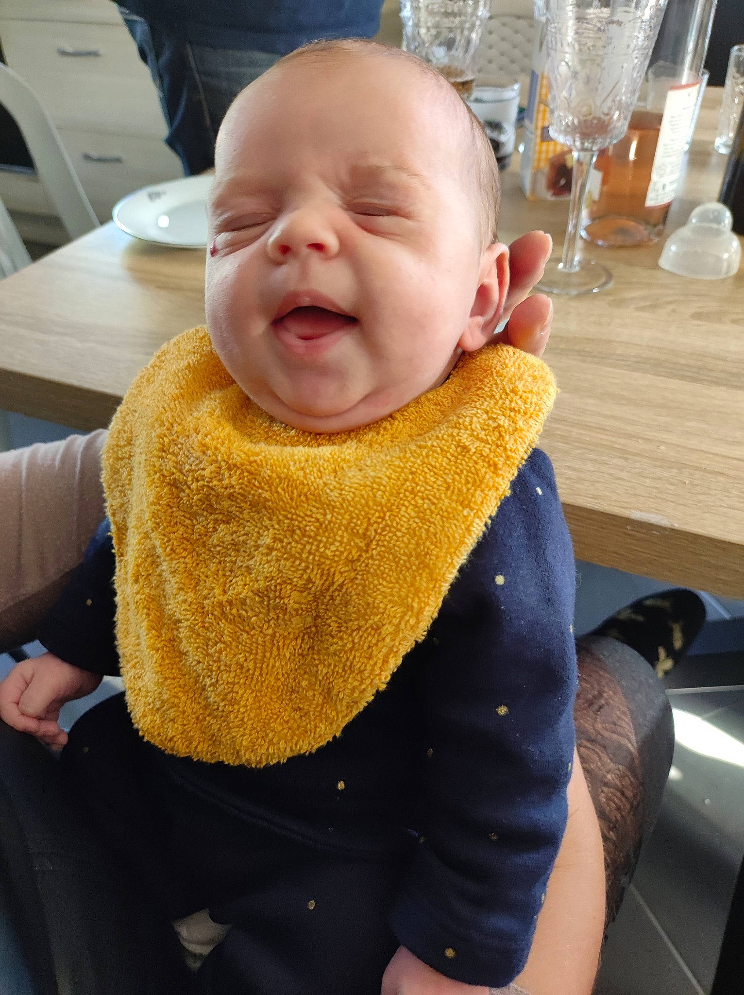 Liza participe au concours pour gagner de l'argent avec cette photo : baby, baby_products, baby_toddler_clothing, bib, chair, cheek, child, comfort, drinkware, happy, pattern, person, sitting, sleeve, smile, t_shirt, tableware, toddler, wine_glass, wool