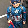 James is registered to the contest to win money with this photo: asphalt, blue, boots, boy, bucket, captain_america, car, child, costume, cute, halloween, holiday, holiday_costume, mask, outdoor, parking_lot, person, superhero, trick_or_treat, young