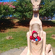 James is registered to the contest to win money with this photo: child, kangaroo_statue, red_hoodie, blue_ball, park, grass, tree, sunny, outdoor, playground, sculpture, smiling, daylight, nature, greenery, recreation, fun, statue, kid, happy