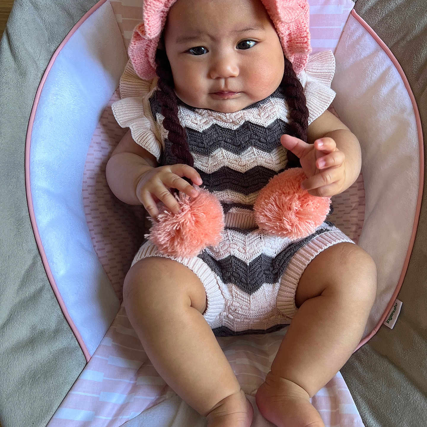 Tissawan is registered to the contest to win money with this photo: baby, bed, bodypart, bonnet, cap, clothing, cushion, face, finger, furniture, hand, hat, head, homedecor, newborn, person, photography, portrait, sitting, toy