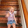 Gabriella joined the competition — help win amazing prizes! blonde_hair, bow_sandals, carpet, casual_wear, child, colorful_clothing, cute, denim_shorts, hand_reaching_out, happy, indoor, person, portrait, sitting, smiling, stairs, striped_tank_top, toddler, white_sandals, wooden_stairs
