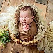 Lyle is registered to the contest to win money with this photo: newborn, baby, sleeping, swaddle, basket, wool, wooden_floor, cozy, peaceful, infant, wrapped, hands, closed_eyes, soft_texture, plush, homedecor, greenery, portrait, indoors, cute