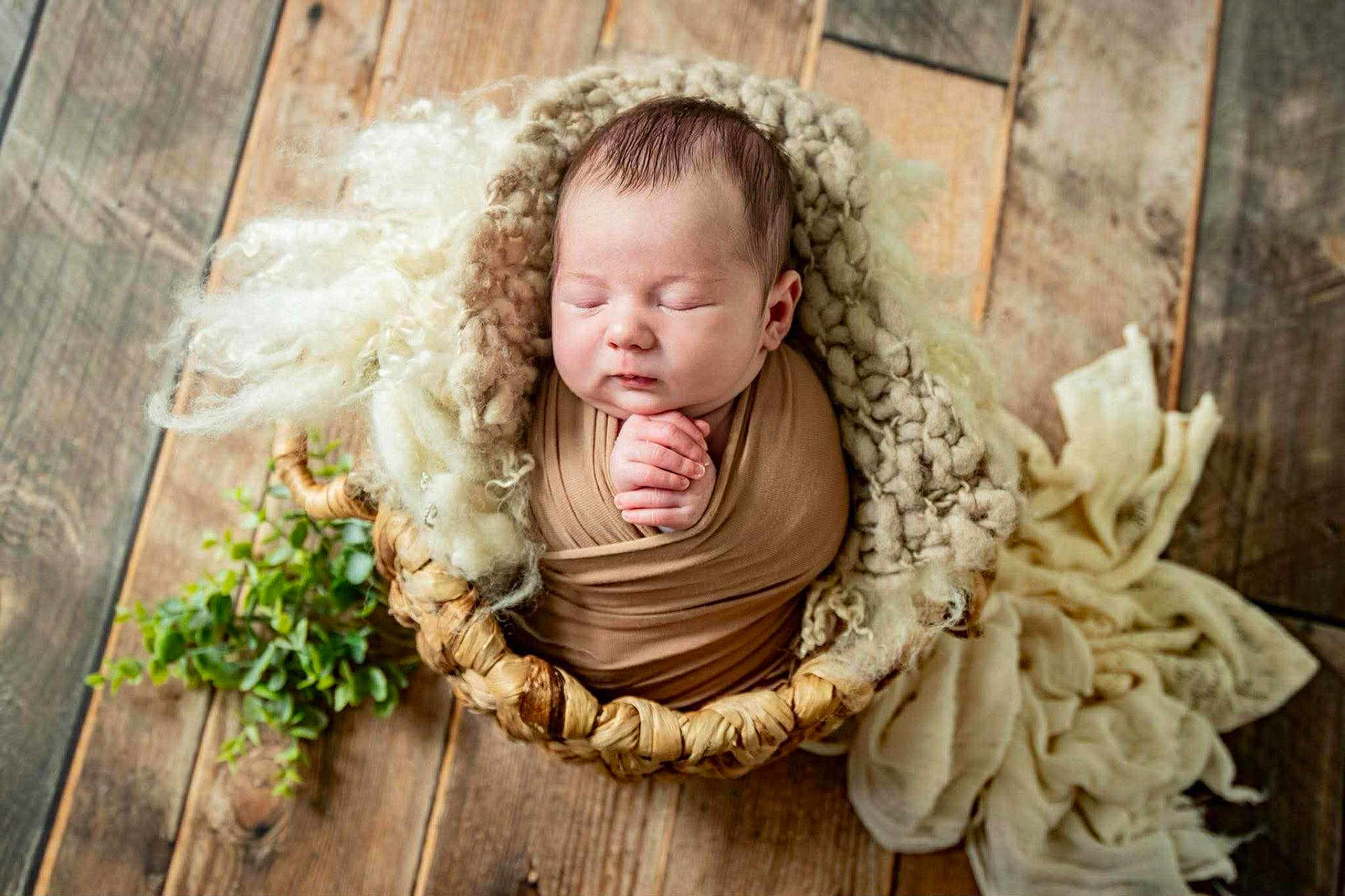 Lyle is registered to the contest to win money with this photo: newborn, baby, sleeping, swaddle, basket, wool, wooden_floor, cozy, peaceful, infant, wrapped, hands, closed_eyes, soft_texture, plush, homedecor, greenery, portrait, indoors, cute
