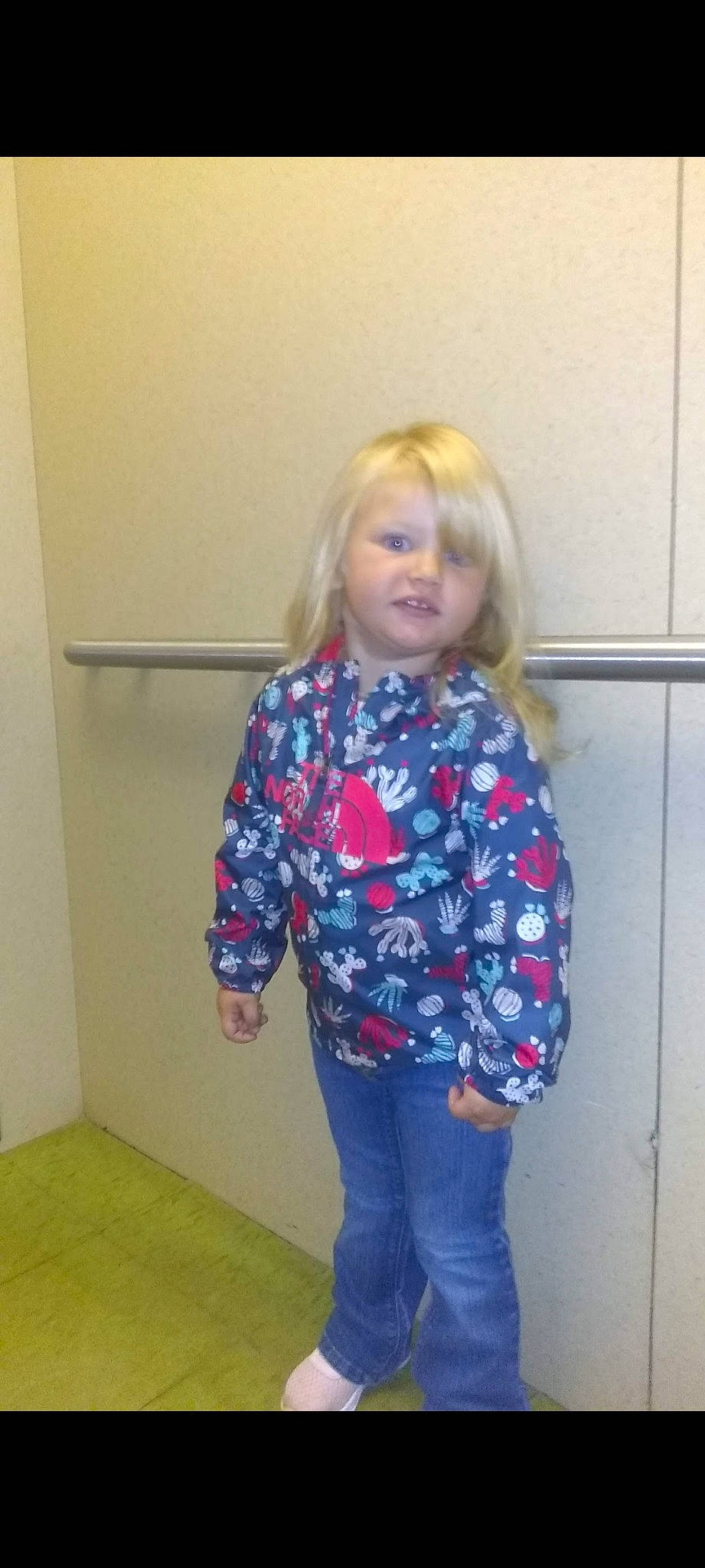 Blaire joined the competition — help win amazing prizes! blond, child, denim, electric_blue, eye, floor, flooring, fun, hair, hairstyle, human_leg, knee, long_hair, long_sleeved_t_shirt, pattern, person, room, sleeve, standing, sweatpant