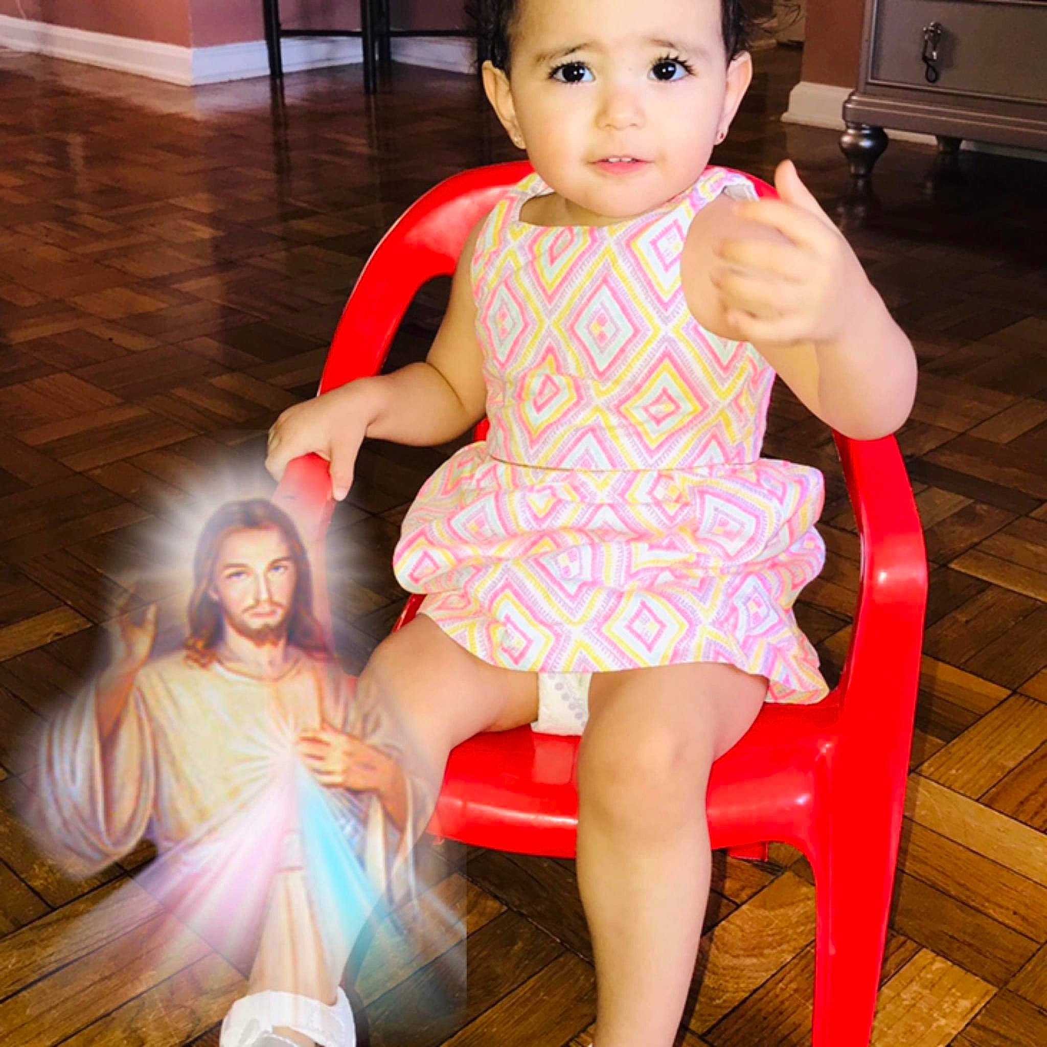 Alexa is registered to the contest to win money with this photo: baby, beauty, chair, cheek, child, child_model, clothing, dress, fashion_design, headwear, leg, long_hair, neck, person, pink, play, sitting, skin, toddler