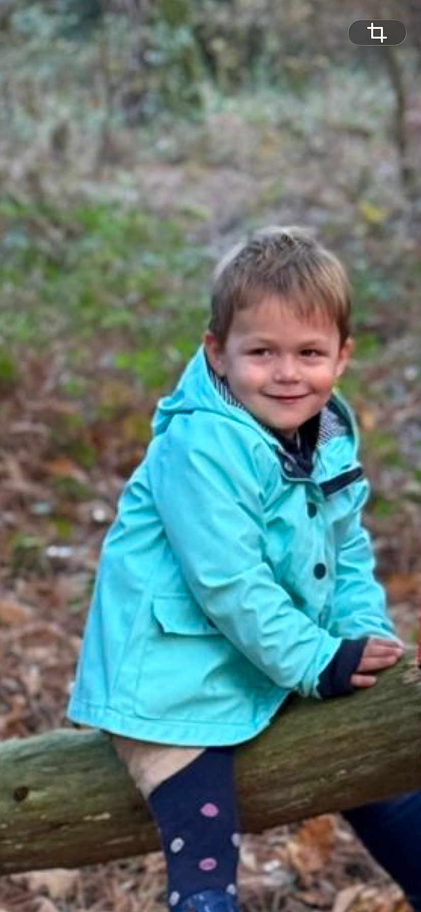Camille a rejoint le concours — aidez-le/la à gagner de superbes lots ! child, boy, outdoor, forest, tree, log, smile, jacket, blue_jacket, nature, playful, young, casual_clothing, autumn, leaves, sitting, happy, cute, person, kid