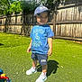 toddler, child, outdoor, grass, sunlight, shadow, cap, tshirt, shorts, sneakers, fence, trees, daylight, smile, person, footwear, clothing, summer, playground, casual