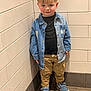 Rodney is registered to the contest to win money with this photo: child, kid, denim_jacket, black_shirt, khaki_pants, blue_sneakers, indoor, tiled_wall, corner, standing, smiling, casual_clothing, young_child, portrait, floor, head, face, fashion, cute, hair