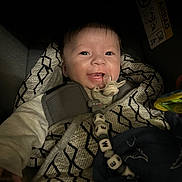 Klemen a rejoint le concours — aidez-le/la à gagner de superbes lots ! baby, smile, pacifier, blanket, car_seat, child, infant, happy, clothing, indoor, seatbelt, accessory, person, cute, face, young_child, closeup, warm_lighting, car, safety