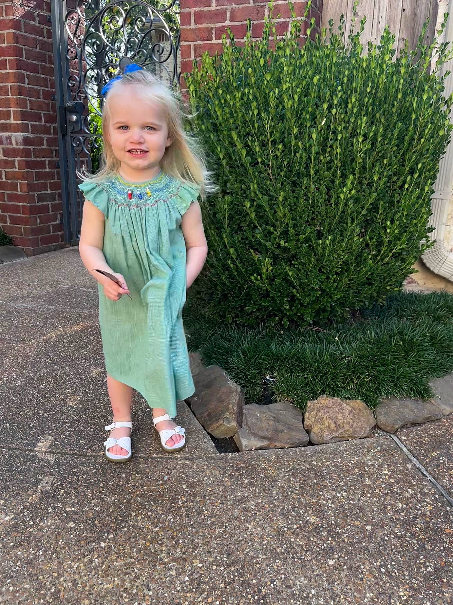 Ada is registered to the contest to win money with this photo: asphalt, baby_toddler_clothing, conifer, dress, evergreen, garden, grass, groundcover, hedge, joy, leaf, magenta, people_in_nature, person, plant, road_surface, sandal, shrub, smile, terrestrial_plant