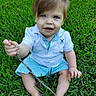 barefoot, blue_eyes, casual_clothing, child, cute, grass, green, happy, nature, outdoor, person, playful, short_hair, sitting, stick, striped_skirt, summer, toddler, white_shirt, young_child