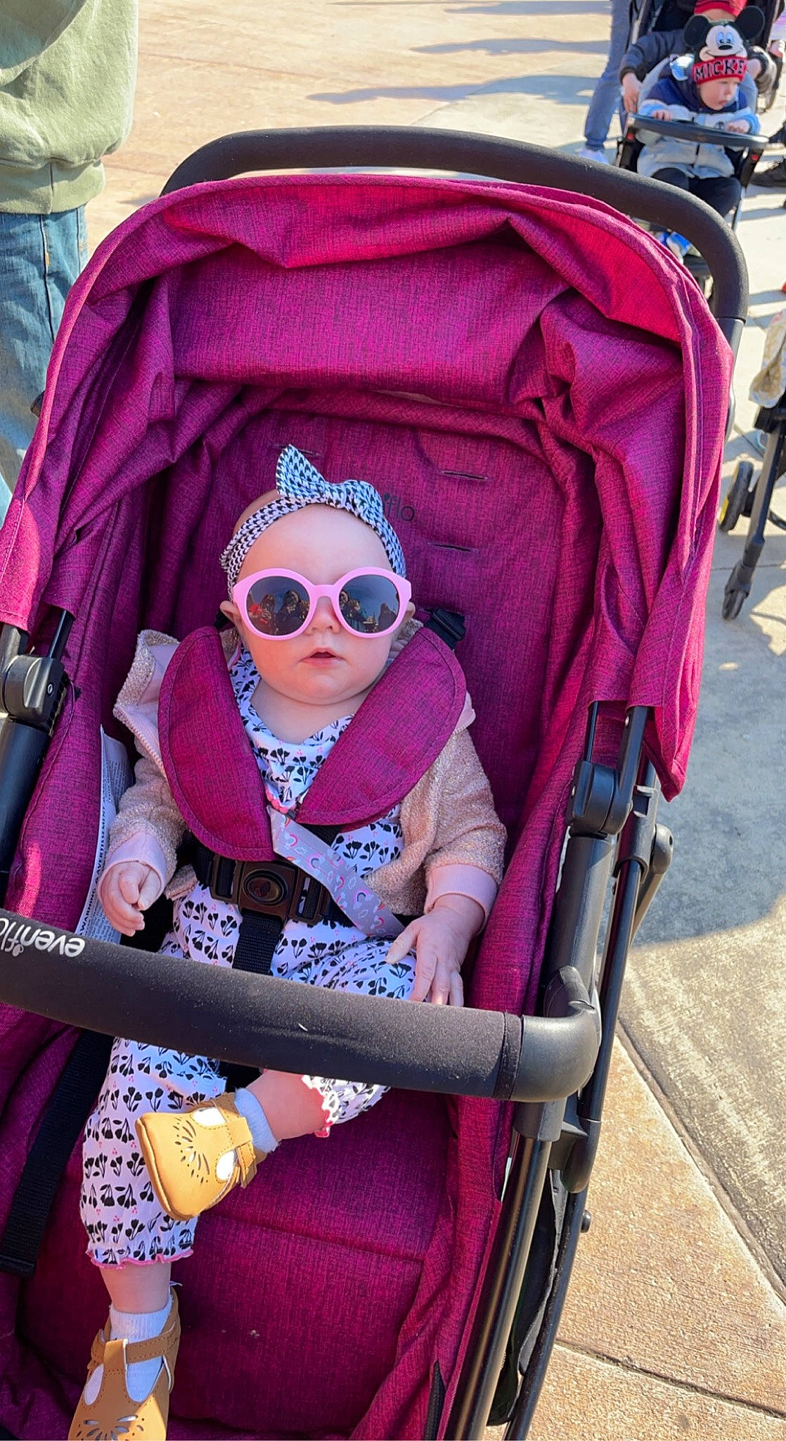 Raylynn joined the competition — help win amazing prizes! baby, baby_carriage, baby_products, baby_toddler_clothing, child, comfort, eyewear, fun, glasses, goggles, magenta, person, pink, product, purple, red, sunglasses, tire, toddler, violet