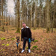 N'J a rejoint le concours — aidez-le/la à gagner de superbes lots ! autumn, blue_harness, canine, casual_clothing, dog, forest, glasses, helmet, hiking, leash, leaves, man, moss, nature, outdoor, pet, smiling, standing, trees, walking
