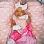 baby, infant, pink, blanket, mittens, headband, bow, heart_pattern, cushion, soft, cute, newborn, clothing, portrait, wrapped, sleepy, resting, indoor, child, adorable
